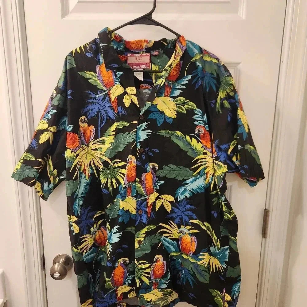 Made in Hawaii RJC 100% Cotton Neon Hawaiian Shirt Size 2XL Tropical Birds #A14